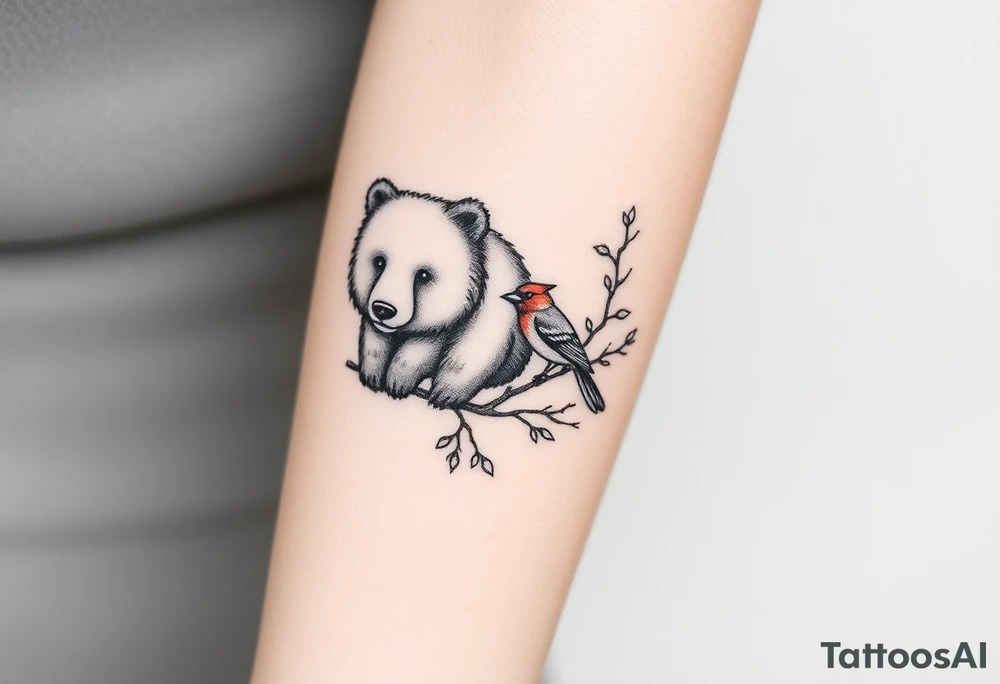 Realistic Woodland with a bear, woodpecker and cardinal tattoo idea