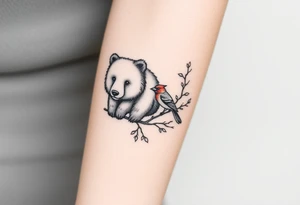 Realistic Woodland with a bear, woodpecker and cardinal tattoo idea