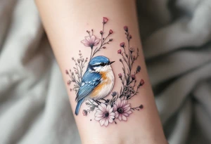 Puffy bluebird surrounded by wild flowers tattoo idea