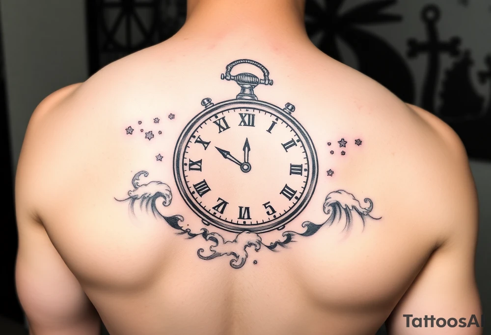 Nautical theme clock surrounded by waves tattoo idea