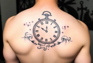 Nautical theme clock surrounded by waves tattoo idea