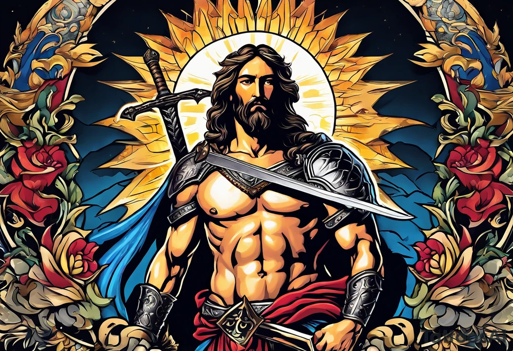 Almighty powerful Jesus in his indestructible armor and using his sword to cut off Satan's head tattoo idea