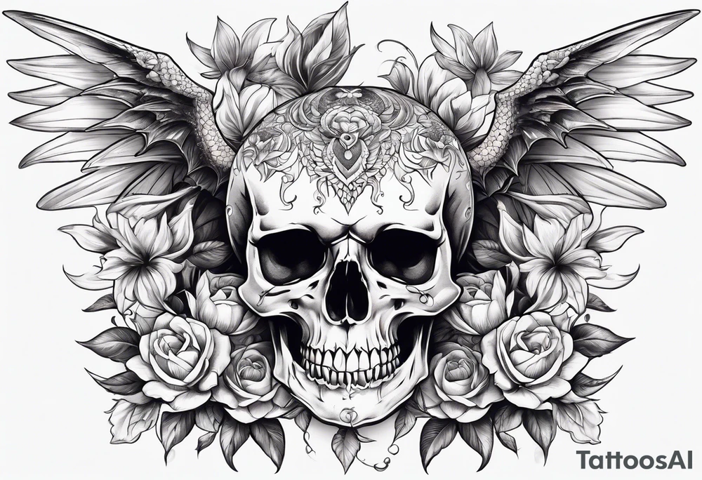 Skull dragon wings with flowers, back tattoo tattoo idea