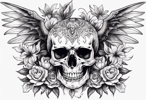 Skull dragon wings with flowers, back tattoo tattoo idea