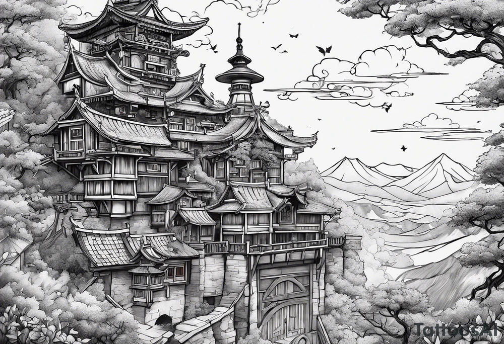 The words "Why not now?" are surrounded by Howel's moving castle tattoo idea