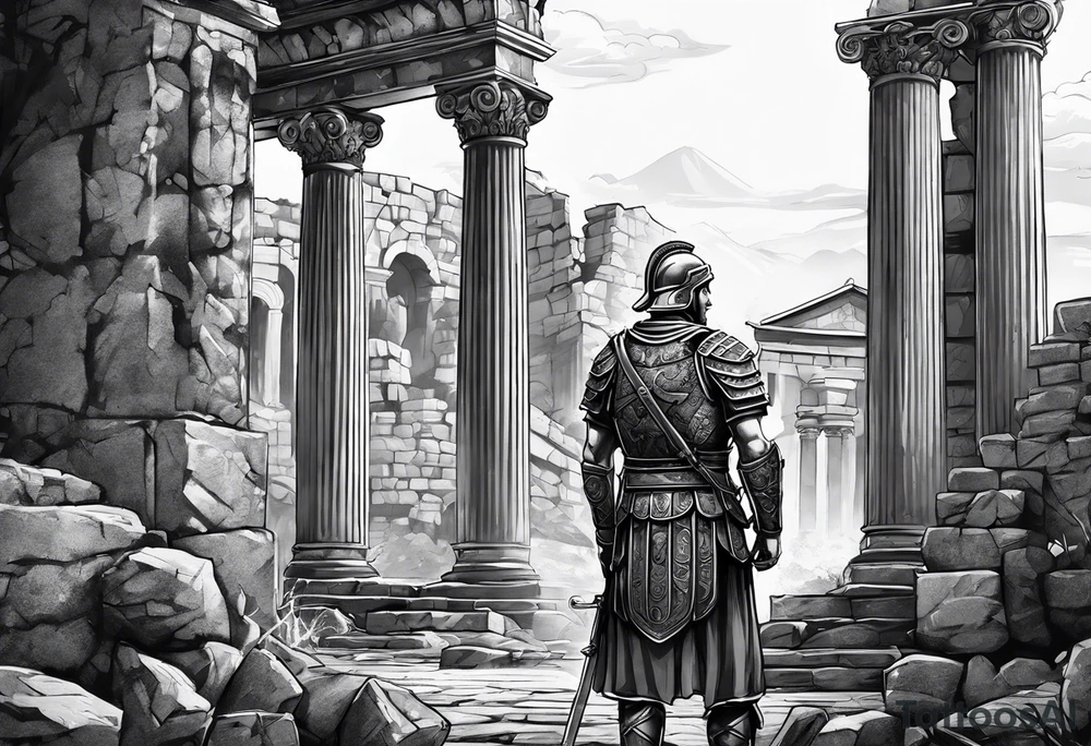 Roman Solider looking at ruins tattoo idea
