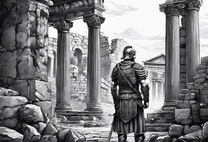 Roman Solider looking at ruins tattoo idea