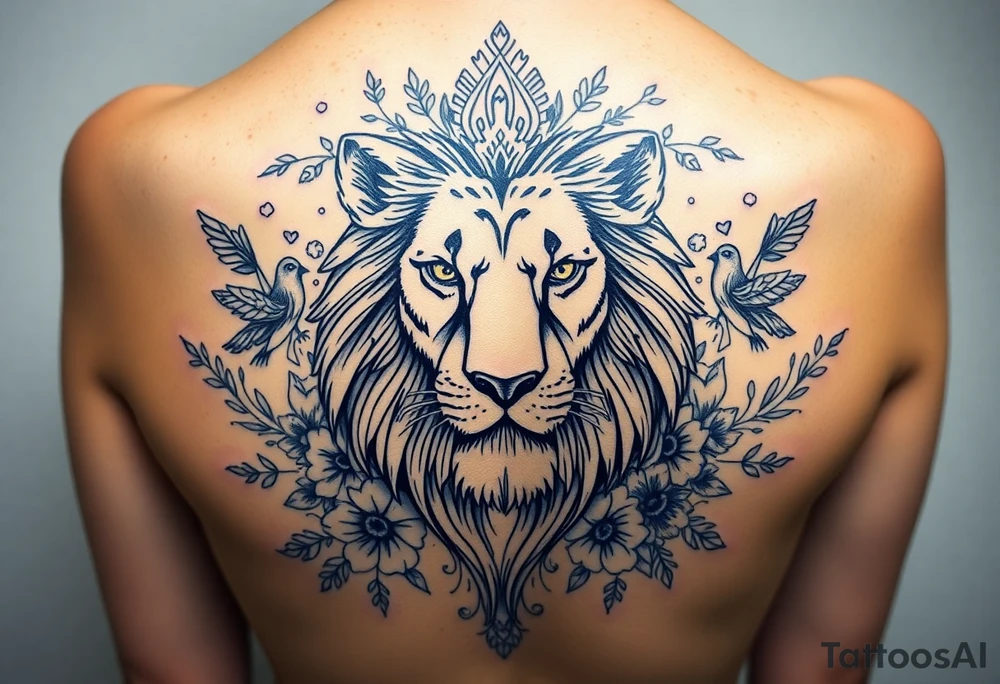 powerful majestic lion with a crown, surrounded by floral ornaments and birds tattoo idea