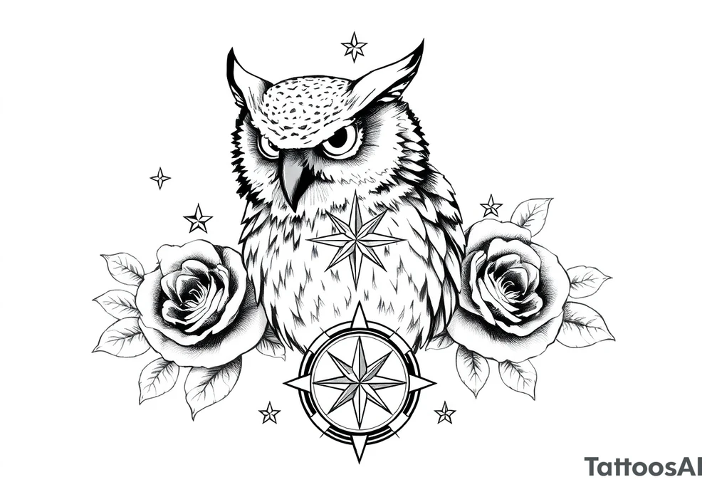 an owl,compass,roses,stars. tattoo idea