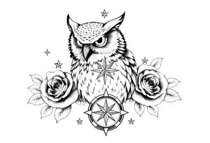 an owl,compass,roses,stars. tattoo idea