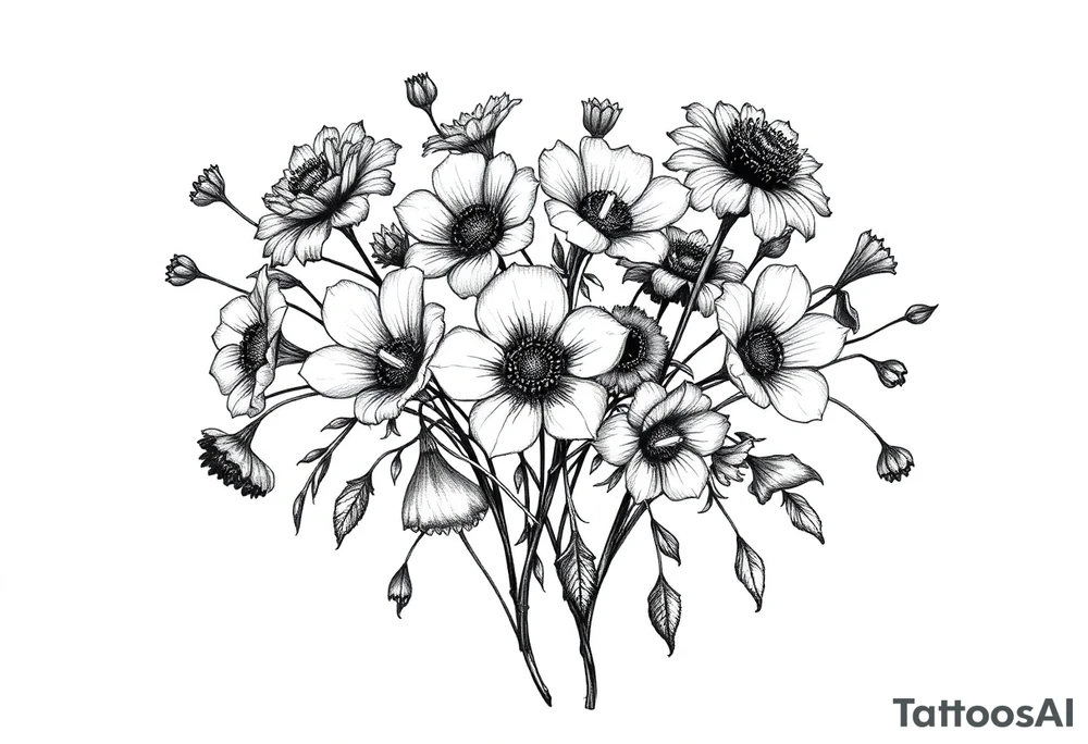 A cluster of wildflowers, with solid black shadows at the base and lighter stippling toward the petals. Some flowers in full bloom while some flowers dying, with petals dropping, symbolizing the passage of time. tattoo idea