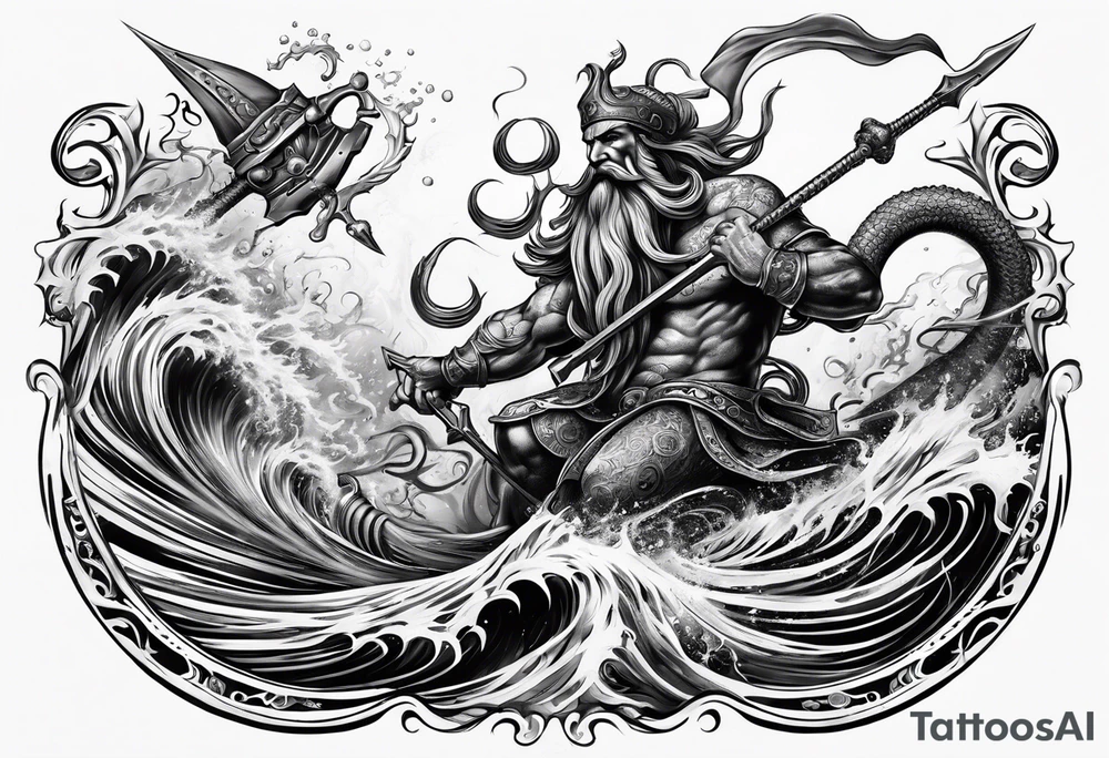 Kraken attacking Poseidon thrusting trident tattoo idea