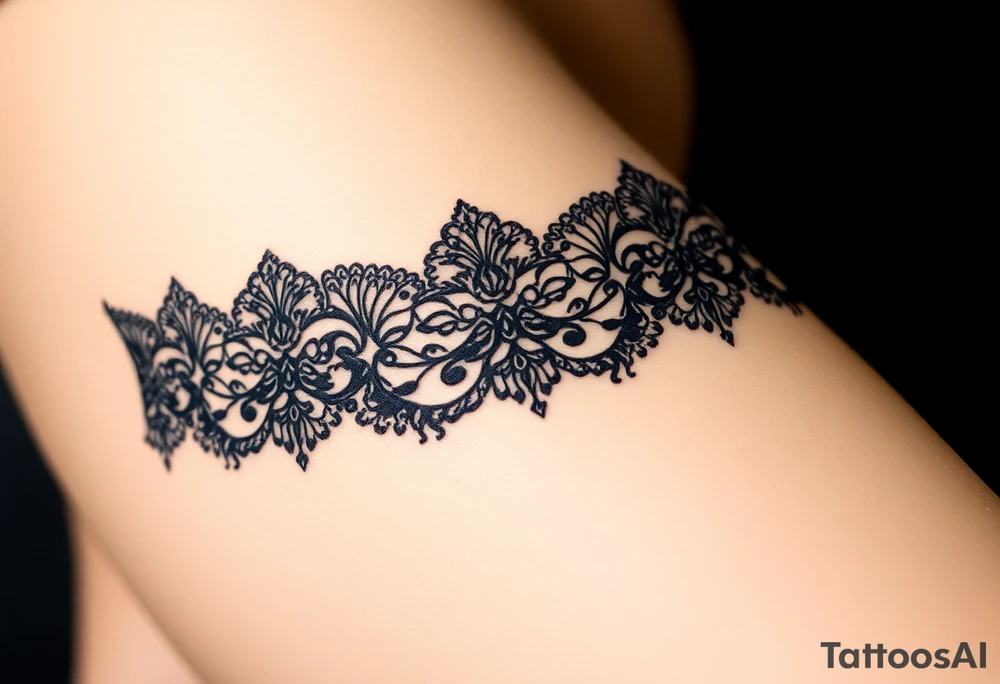 A negative space garter tattoo design, where the lace details are subtly left out tattoo idea
