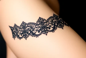 A negative space garter tattoo design, where the lace details are subtly left out tattoo idea