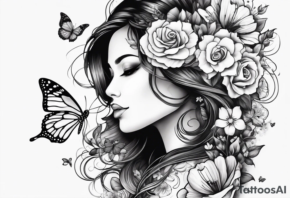 Half face with flowers and butterfly tattoo idea