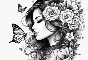 Half face with flowers and butterfly tattoo idea