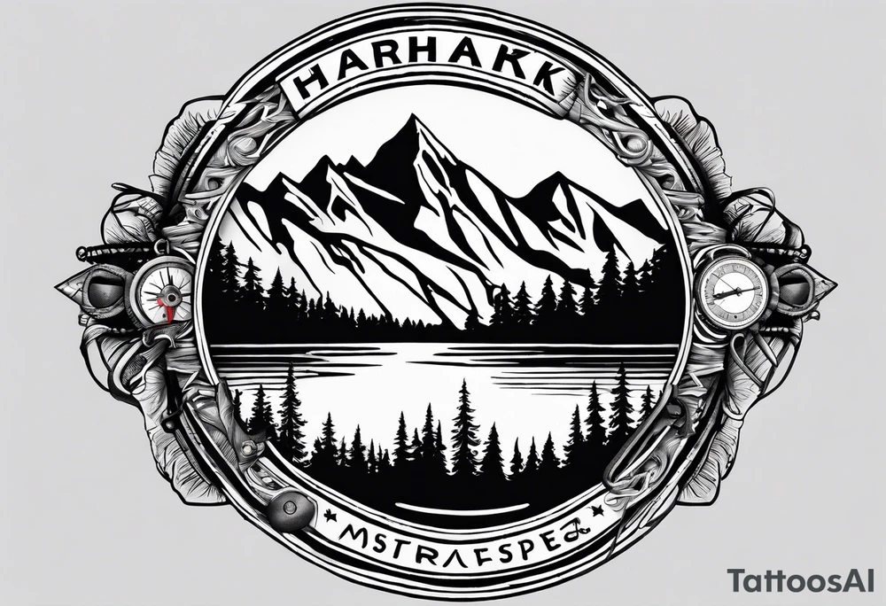 The word "HARK" as a banner with a mountain, a carabiner, compass, and a lake in a circular design tattoo idea