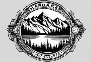 The word "HARK" as a banner with a mountain, a carabiner, compass, and a lake in a circular design tattoo idea
