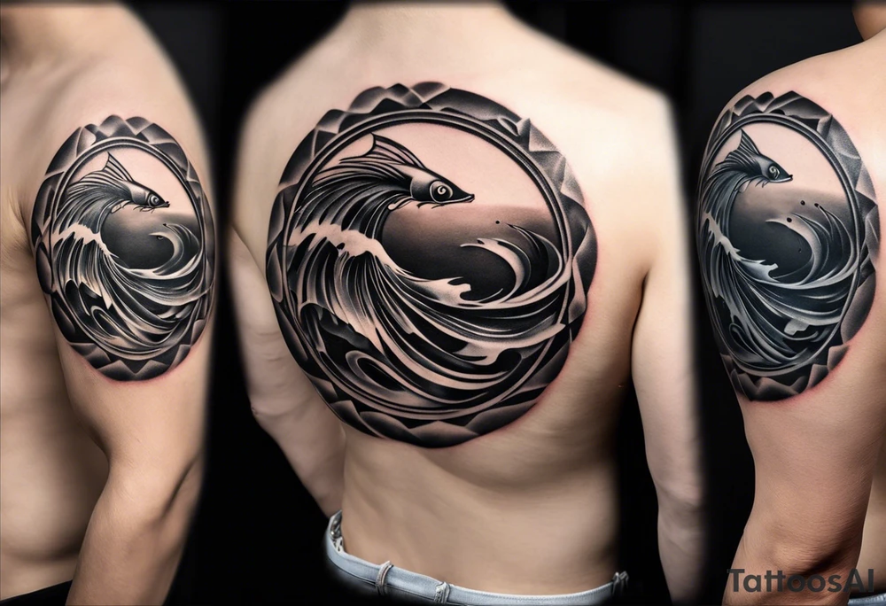 Design a half-sleeve tattoo in a smooth, shaded style with black and grey tones. The central focus is two fish swimming in a circular motion, like a yin-yang, gracefully moving in a loop. The fish should have flowing tails and fins, with soft shading that gives a sense of motion and balance.

Surround the fish with a bed, where a man is lying down but his feet stick out, symbolizing discomfort or not fitting in. The bed should blend subtly into the background, using minimal lines, to avoid distracting from the fish. The sheets or bed frame should flow into the circular motion created by the fish.

Add an astronaut floating nearby, connected to the bed scene. The astronaut should appear weightless, as if drifting in space, with their posture relaxed and slightly tilted, fitting within the circular flow of the fish. Clouds should form softly around the astronaut and the bed, blending into the scene to create a dreamy, ethereal background.

From one side of the circular fish motion, flames should emerge, adding dynamic energy to the design. The flames should be subtle but lively, with light shading, balancing the softness of the clouds with some intensity.

Finally, include the text "MMIX" in bold, sketchy font either below or beside the main design. The text should be clear but in harmony with the hand-drawn style of the fish and flames. tattoo idea