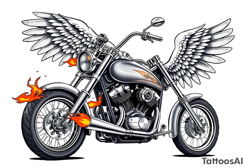 Low rider grey motorcycle, big muffler pipes with flames, angel wings, driving away, no person tattoo idea