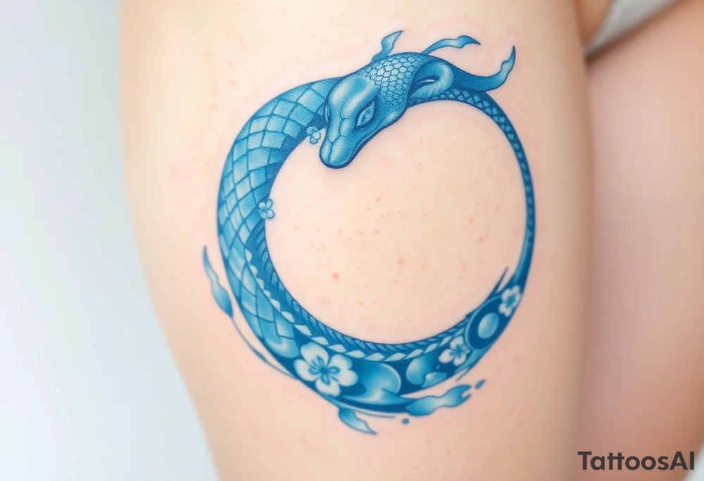 A translucent water-like Ouroboros snake forming cyrcle, with soft blue and white hues, creating an ethereal, flowing effect. tattoo idea
