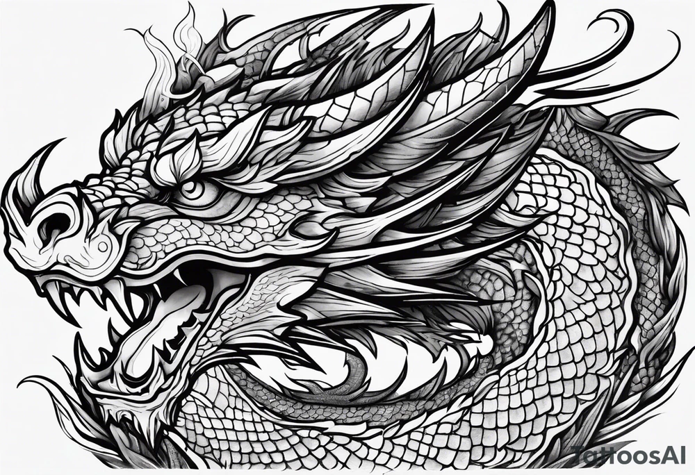 An ornate dragon breathing fire, with intricate scales and a fierce expression, symbolizing power and protection.” tattoo idea