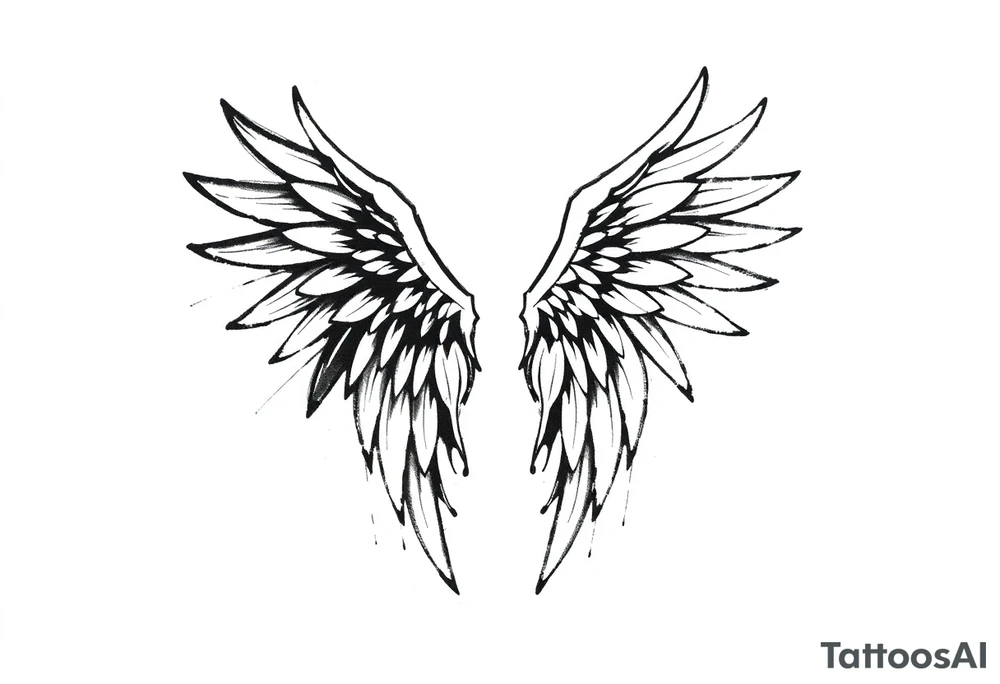 the wings go up

This tattoo design features a pair symmetrical angel wings drawn in black ink with a rough, sketch-like style. The left wing is darker, more defined, and appears denser, while the right wing is lighter, more delicate, and fragmented, creating a contrast between the two. The feathers are sharp and irregular, with fine lines and stray strokes extending outward, adding a raw and artistic feel. The overall look is dynamic and slightly chaotic, giving the impression of movement or an unfinished, ethereal form. This design symbolizes duality, freedom, transformation, or even struggle, making it a meaningful and visually striking tattoo. tattoo idea