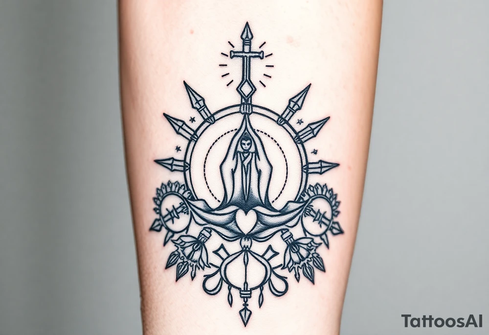 A symbol of victory over enemies surrounded by symbols of meditation and a new life tattoo idea