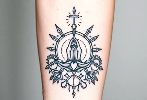 A symbol of victory over enemies surrounded by symbols of meditation and a new life tattoo idea