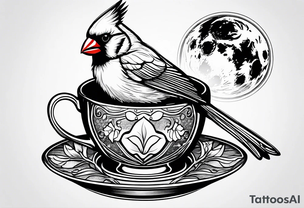 female cardinal drinking a cup of coffee tattoo idea
