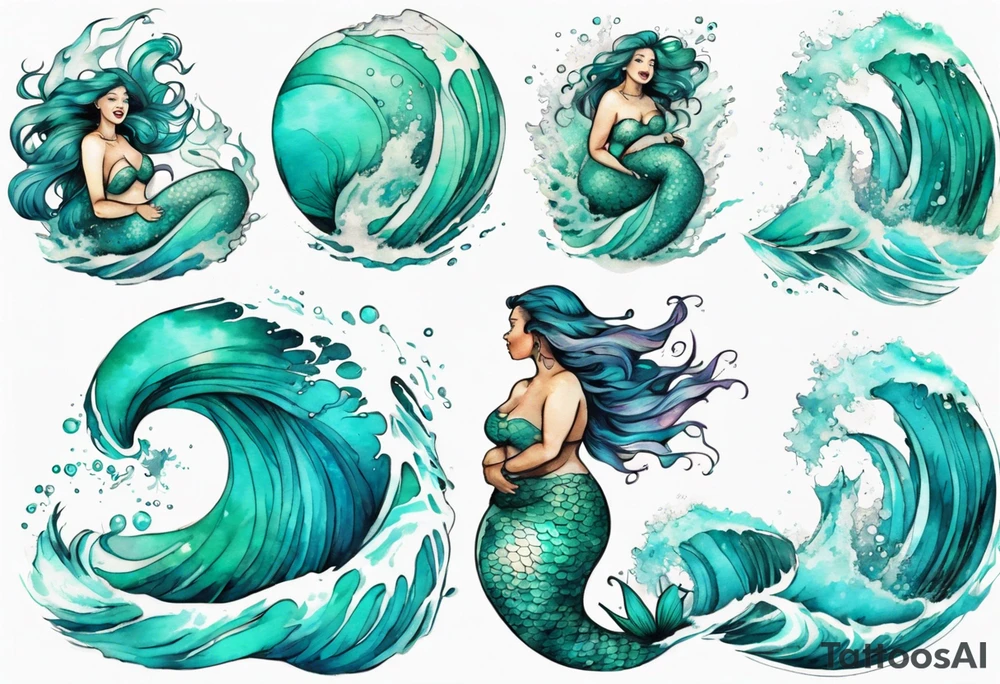 a beautiful chubby turquoise mermaid emerging from an ocean wave, crashing onto the shore tattoo idea