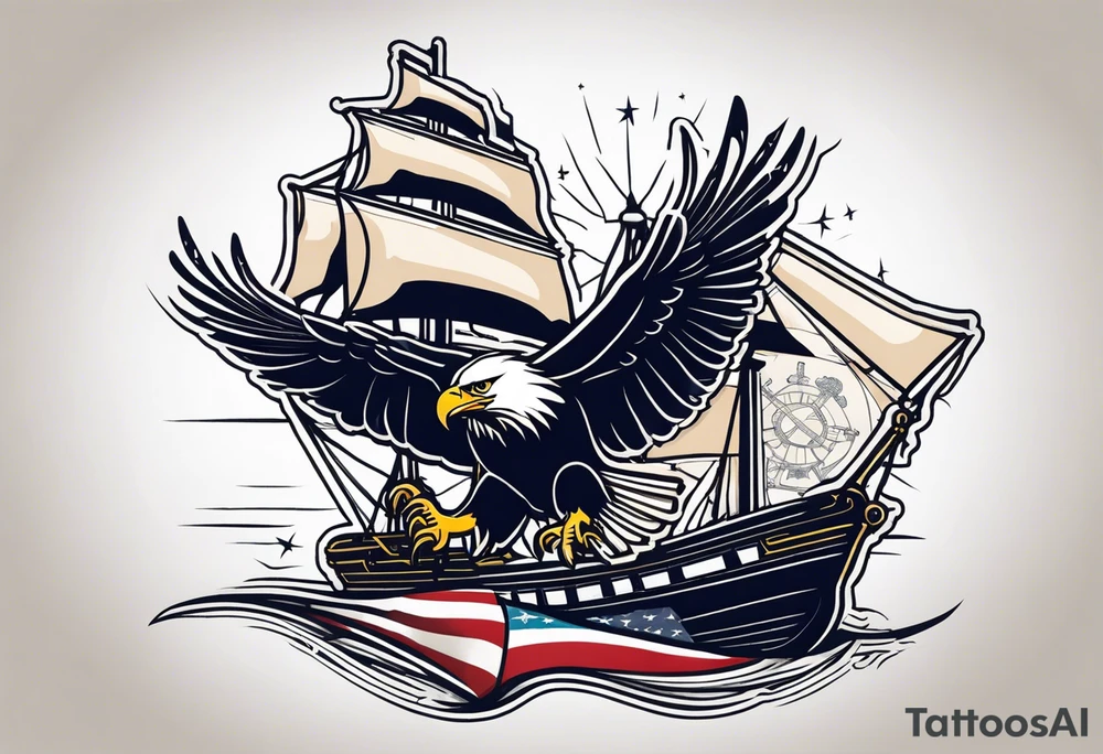 eagle flying in front of ship of the line with American flag tattoo idea