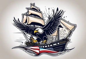 eagle flying in front of ship of the line with American flag tattoo idea