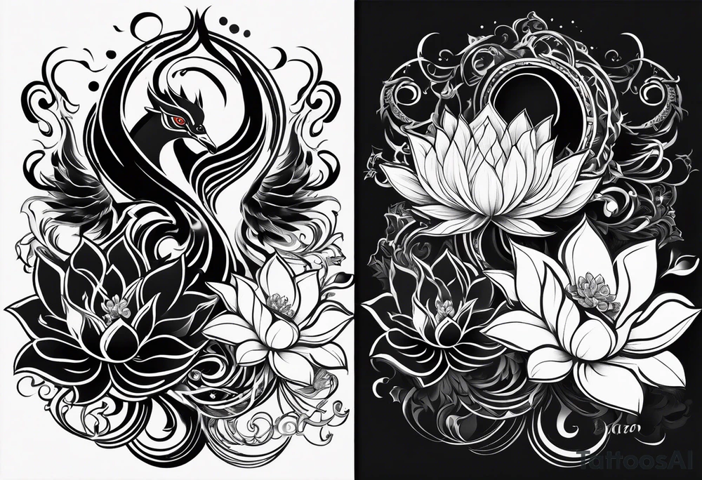 one vertical tattoo that combines lotus flower, phoenix and helix, strength and resilience symbols tattoo idea