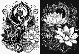one vertical tattoo that combines lotus flower, phoenix and helix, strength and resilience symbols tattoo idea
