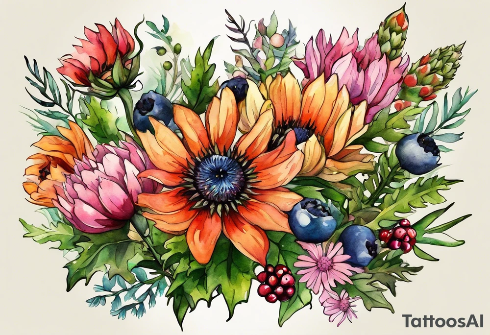 wildflowers with thistles, ferns, black eyed beauty flowers, cream flowers, sun flowers, orange flowers, green flowers, pink flowers, red flowers, berries and all in watercolor tattoo idea