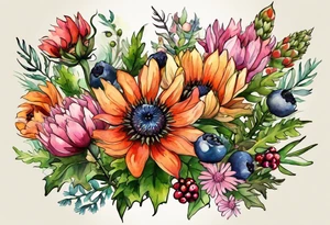 wildflowers with thistles, ferns, black eyed beauty flowers, cream flowers, sun flowers, orange flowers, green flowers, pink flowers, red flowers, berries and all in watercolor tattoo idea