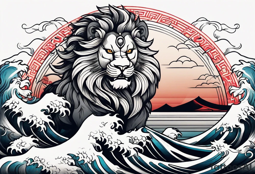 japanese lion wearing samurai with big wave on baclground tattoo idea japanese lion wearing samurai with big wave on baclground tattoo idea