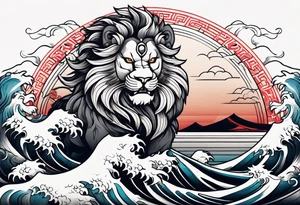 japanese lion wearing samurai with big wave on baclground tattoo idea