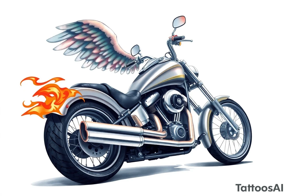Low rider grey motorcycle, big muffler pipes with flames, angel wings, driving away, no person tattoo idea