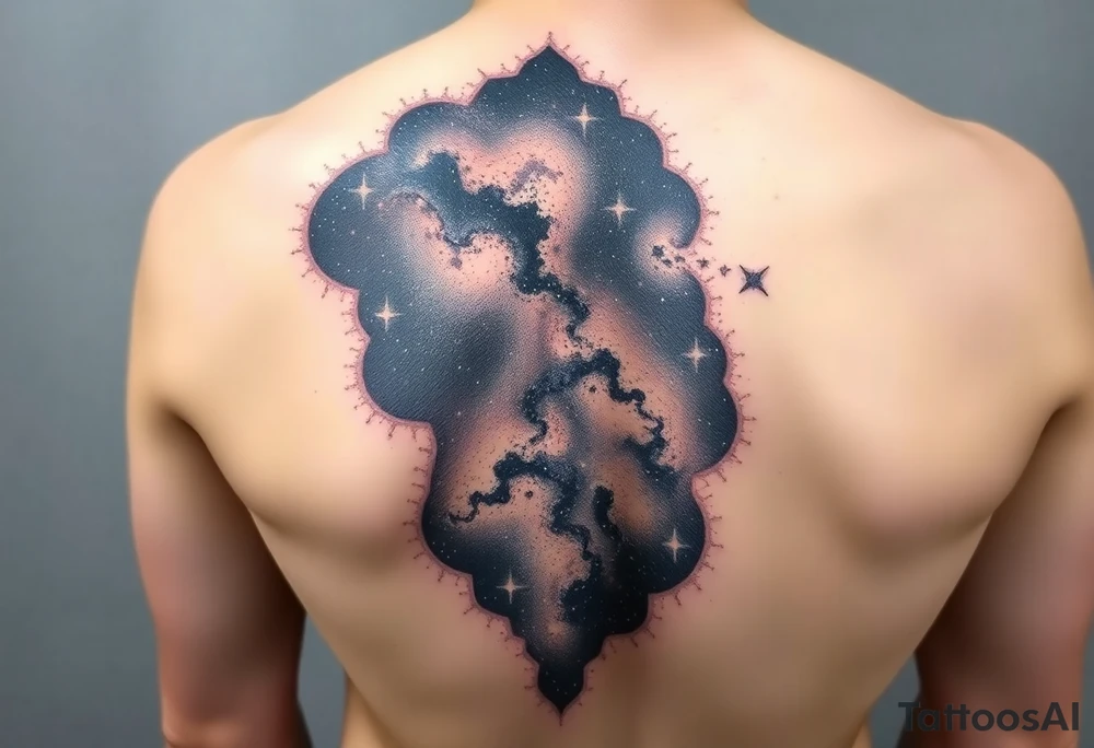 Beautiful and epic 3d milky way that appears to be what is beneath the skin. Make it drape over the shoulder and move to the middle back. use negative spaces to create stars and dust. Keep it symmetrical tattoo idea