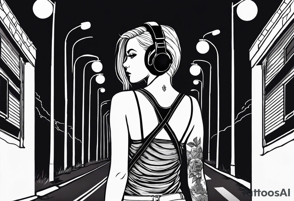 Girl with over the ear headphones walking down a dark road at night. Looking from behind tattoo idea