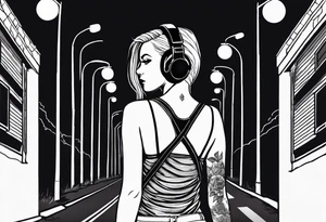 Girl with over the ear headphones walking down a dark road at night. Looking from behind tattoo idea