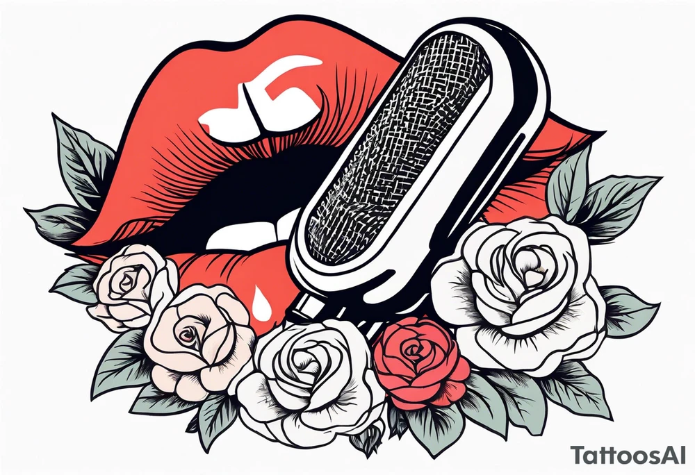 old school traditional vintage style design of lips singing into microphone with vintage flowers surrounding it tattoo idea