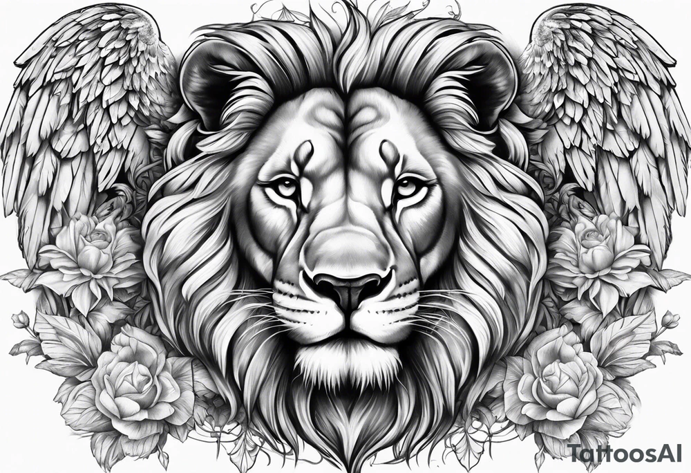 Full sleeve with Lion, cross, praying hands and angels. Incorporate the names Scarlett and Faith in the design tattoo idea