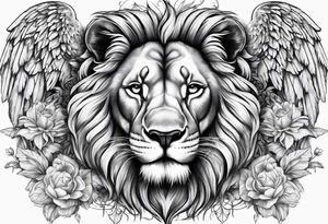 Full sleeve with Lion, cross, praying hands and angels. Incorporate the names Scarlett and Faith in the design tattoo idea