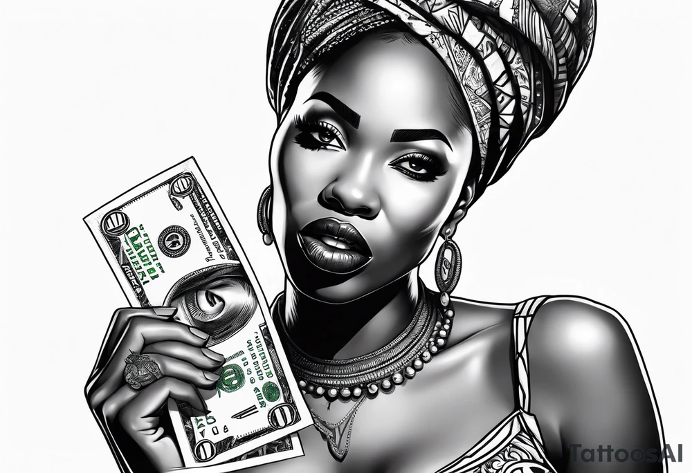 african woman biting money tattoo idea
