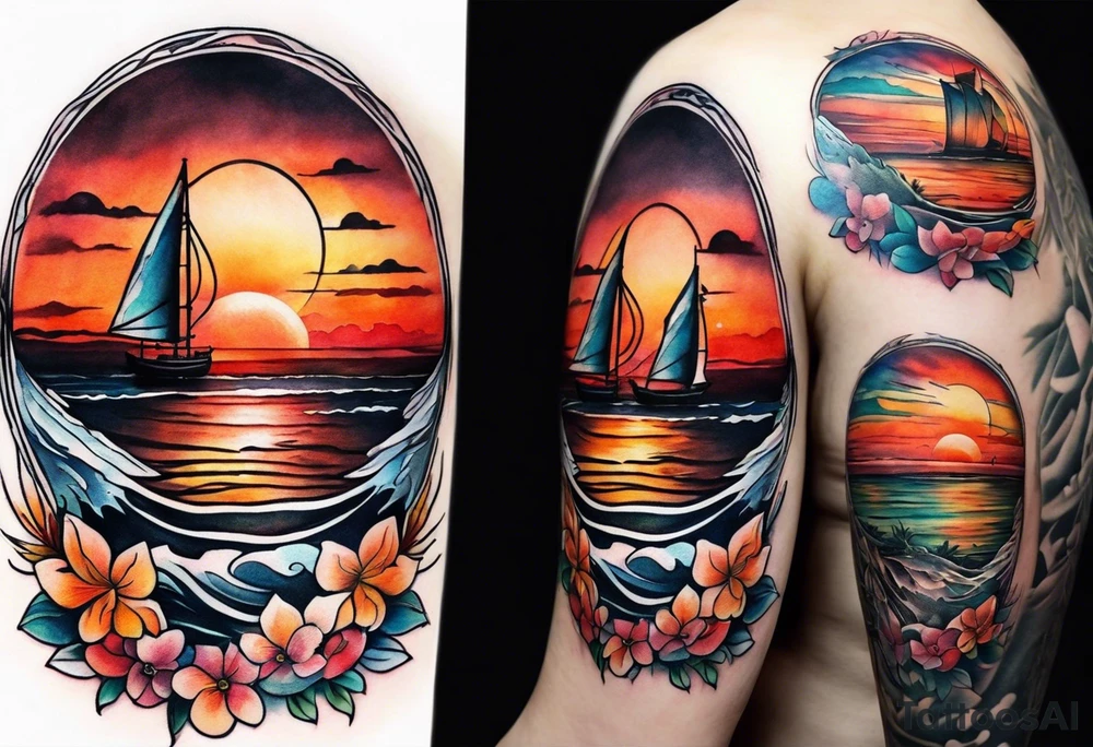 Round tattoo, inside sunset and sea with retro look tattoo idea