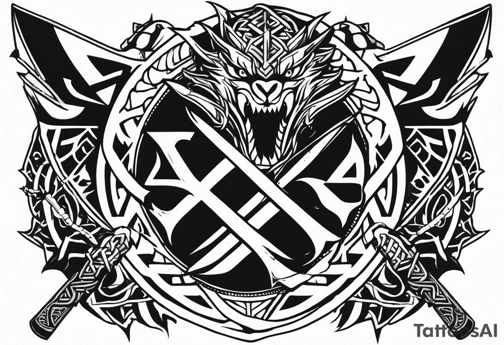 Valhalla sword shield dragon axe Valknut barbed wire chains tribal tattoo idea Valhalla sword shield dragon axe Valknut barbed wire chains tribal tattoo idea