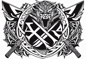 Valhalla sword shield dragon axe Valknut barbed wire chains tribal tattoo idea